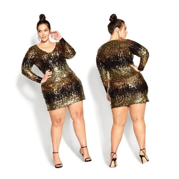 City Chic Women's Plus Size Pull Over‎ Gold  Sequined Mini Dress - Picture 1 of 4